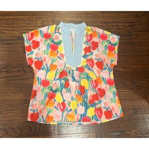 THML women's tulip scallop trim blouse spring summer pink size small EUC